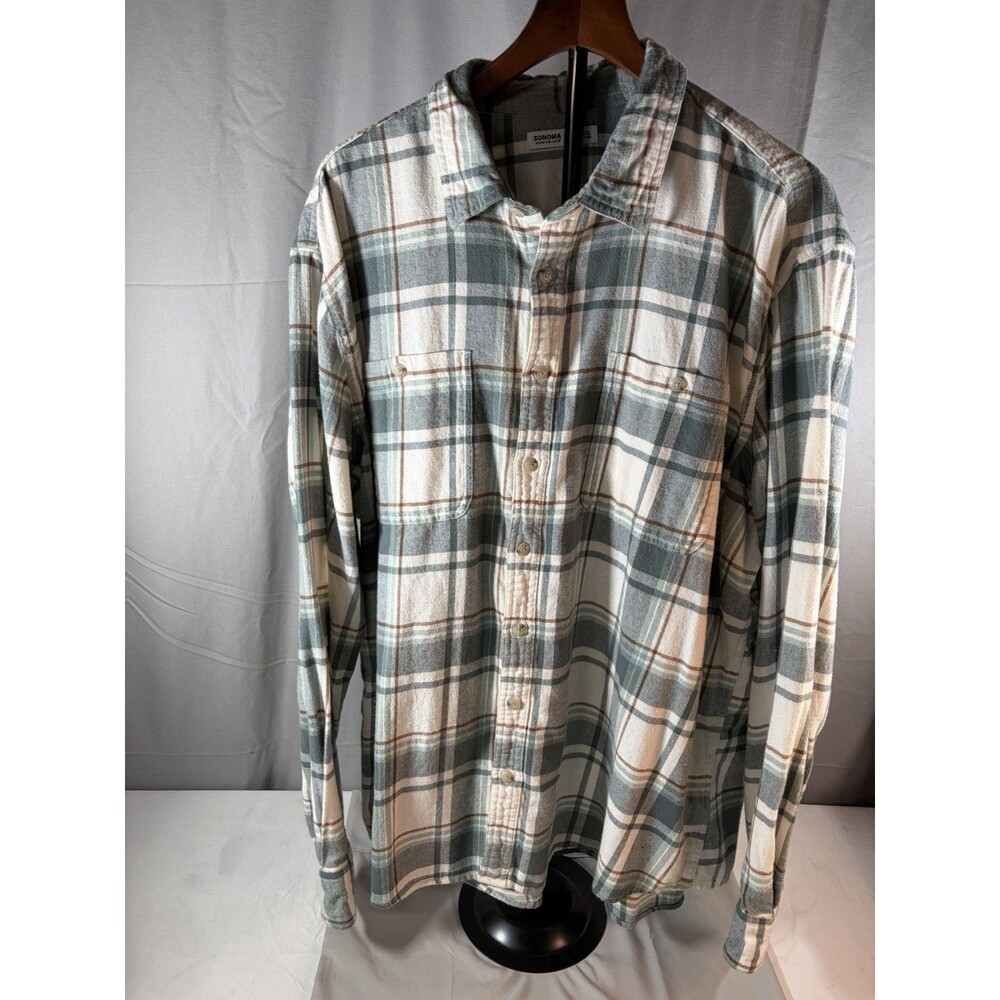 Sonoma Men's Cotton Flannel Plaid Button-Up Shirt, Long Sleeve, Pockets, XXL